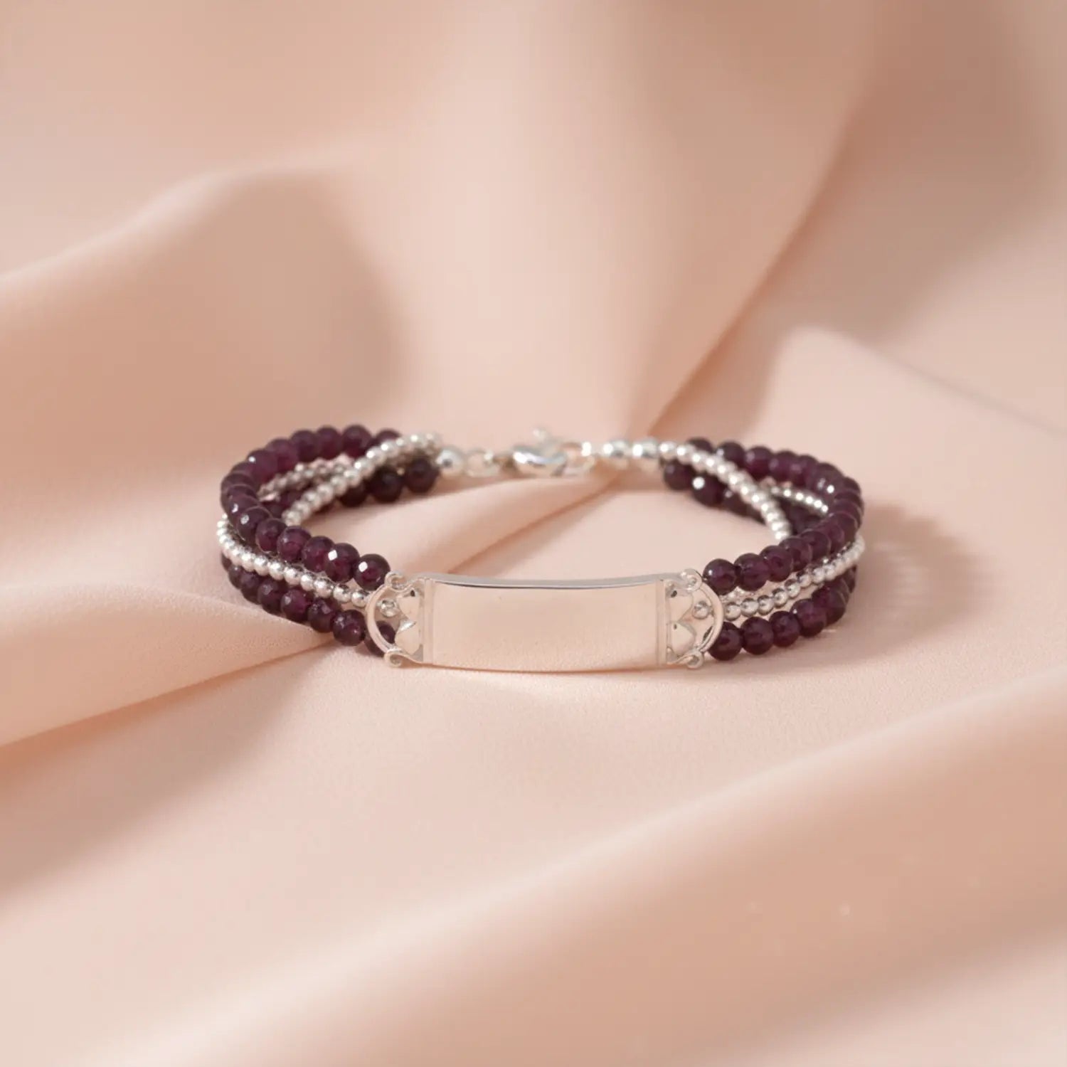 Amethyst Beaded ID Sterling Silver Bracelet- Made With Pure 925 Silver